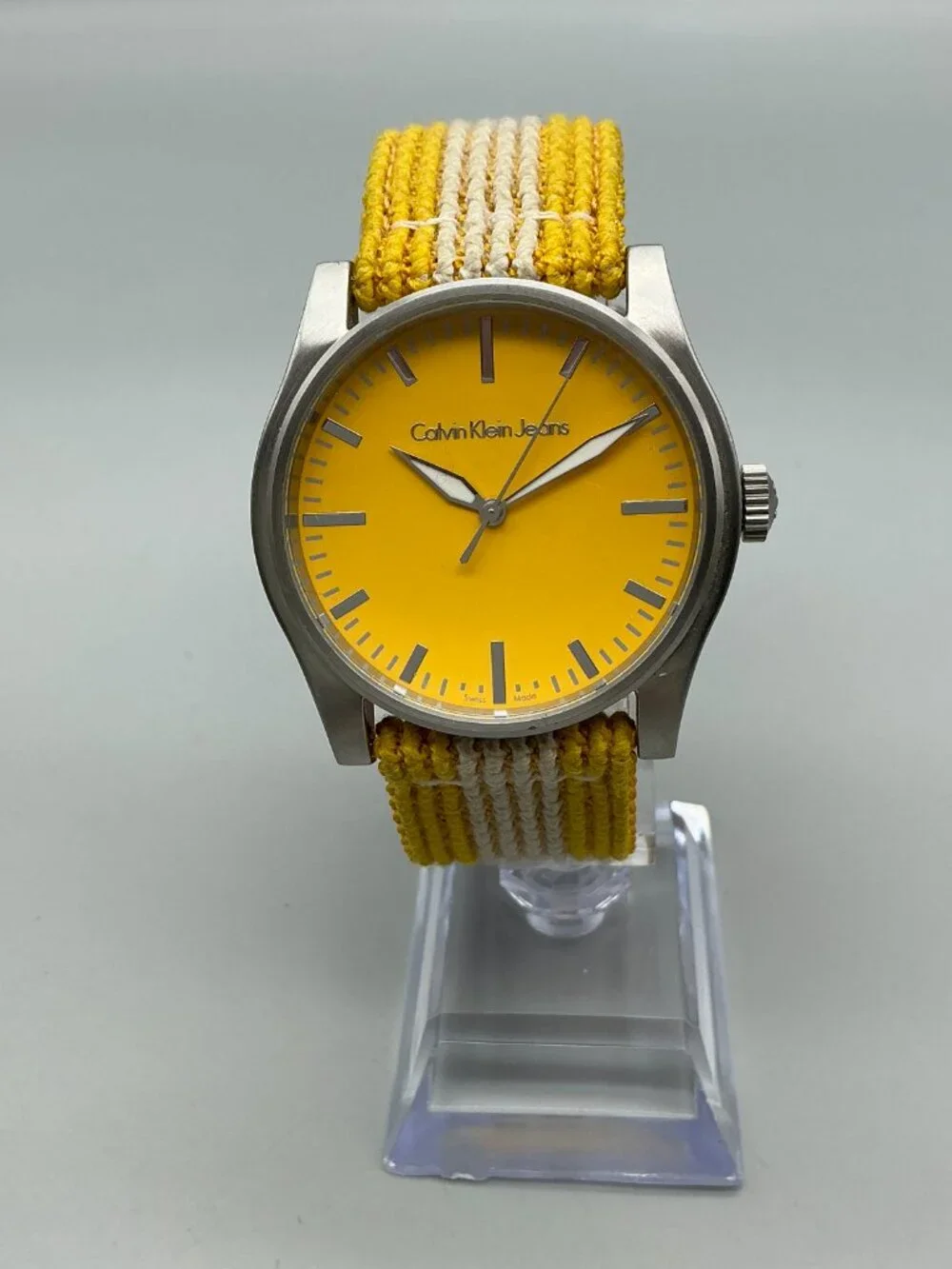 Calvin Klein Jeans Commerce Root Mens Watch Silver Tone Yellow New Battery